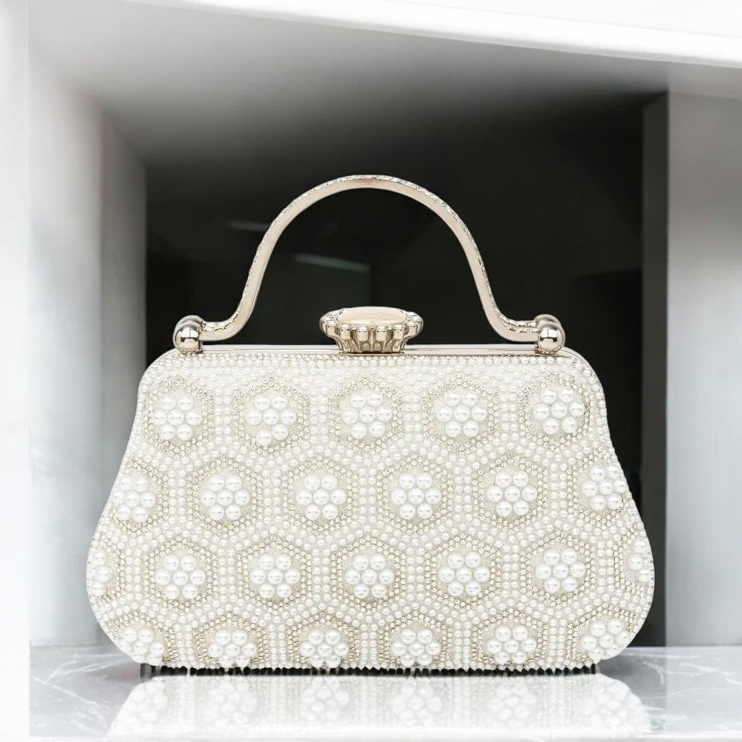 Eloise | Pearl & Crystal Vintage Evening Handbag – Timeless Elegance - in Light Beige | Arvea Bags