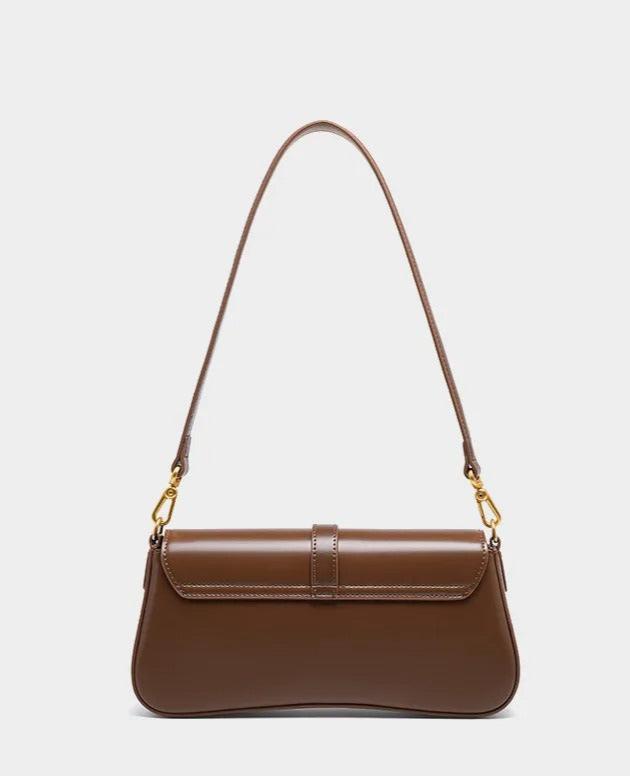 Éloise | Sleek Leather Baguette Bag – Detachable Strap & Gold - Tone Lock - in Brown | Arvea Bags