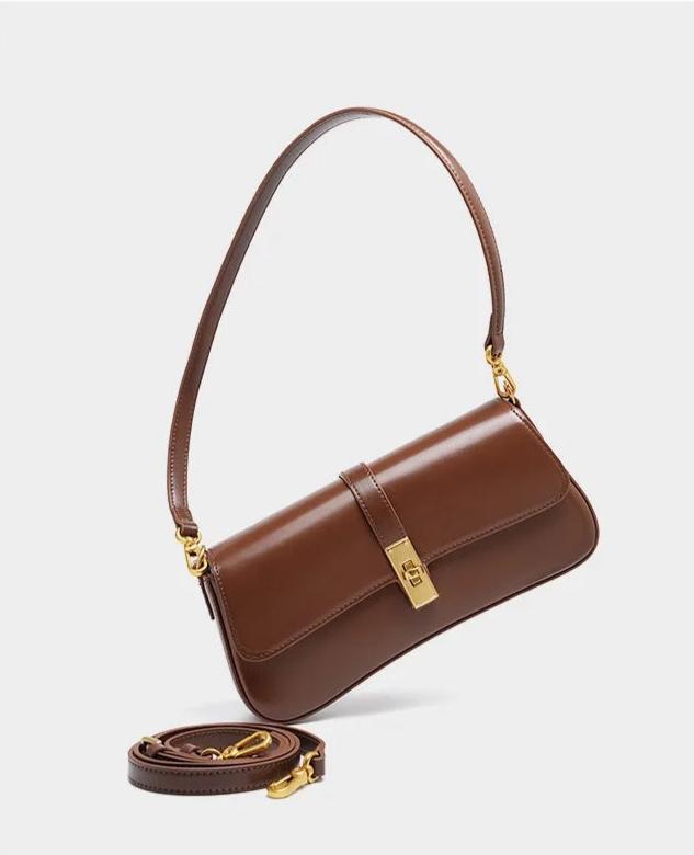 Éloise | Sleek Leather Baguette Bag – Detachable Strap & Gold - Tone Lock - in Brown | Arvea Bags