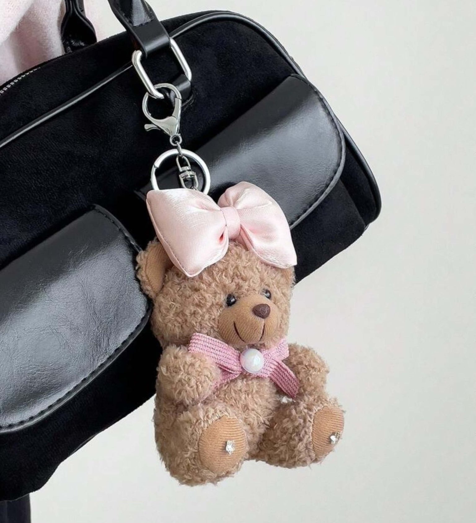 Eowen | Pink Bow Teddy Plush Bag Charm – Sweet, Elegant & Charming - in Salmon Pink | Arvea Bags