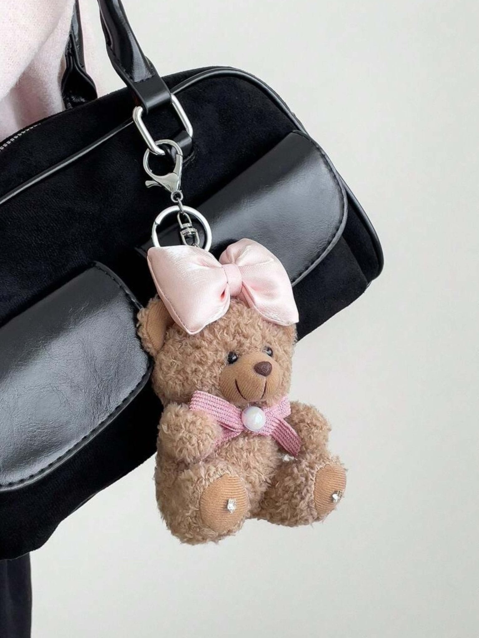 Eowen | Pink Bow Teddy Plush Bag Charm – Sweet, Elegant & Charming - in Salmon Pink | Arvea Bags