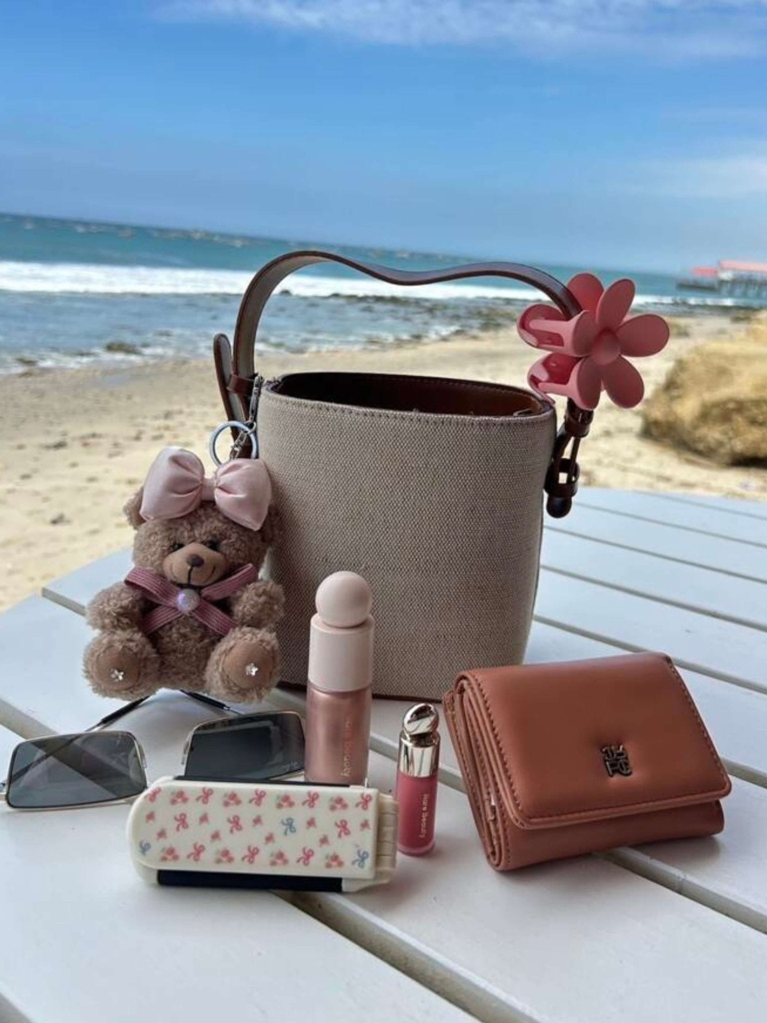 Eowen | Pink Bow Teddy Plush Bag Charm – Sweet, Elegant & Charming - in Salmon Pink | Arvea Bags