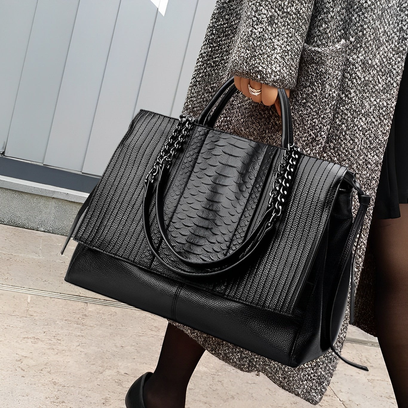 Euphemia Elegant Black Croc - Effect Leather Tote Bag for Women | Luxury Handbag UK - in Black | Arvea Bags