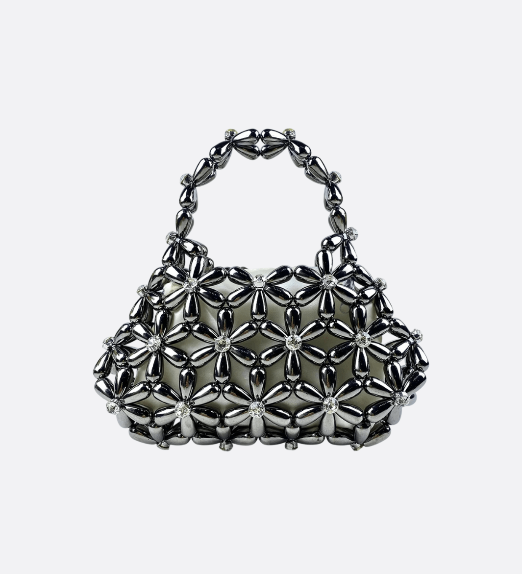 Floral Metal Frame Evening Bag – Sculptural Silver Mini Handbag - in Black | Arvea Bags