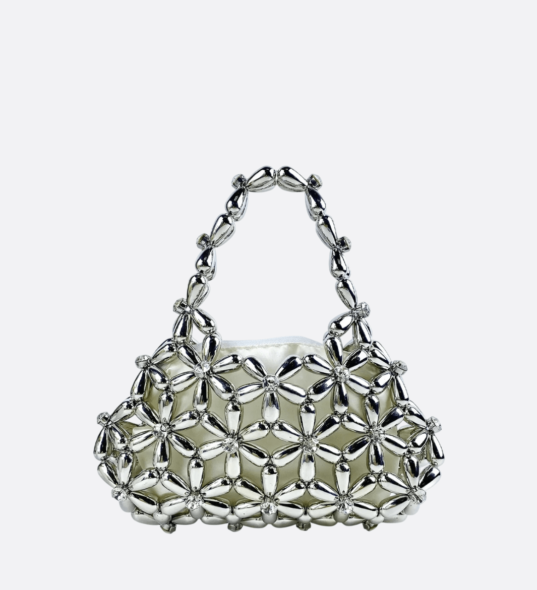 Floral Metal Frame Evening Bag – Sculptural Silver Mini Handbag - in Silver | Arvea Bags