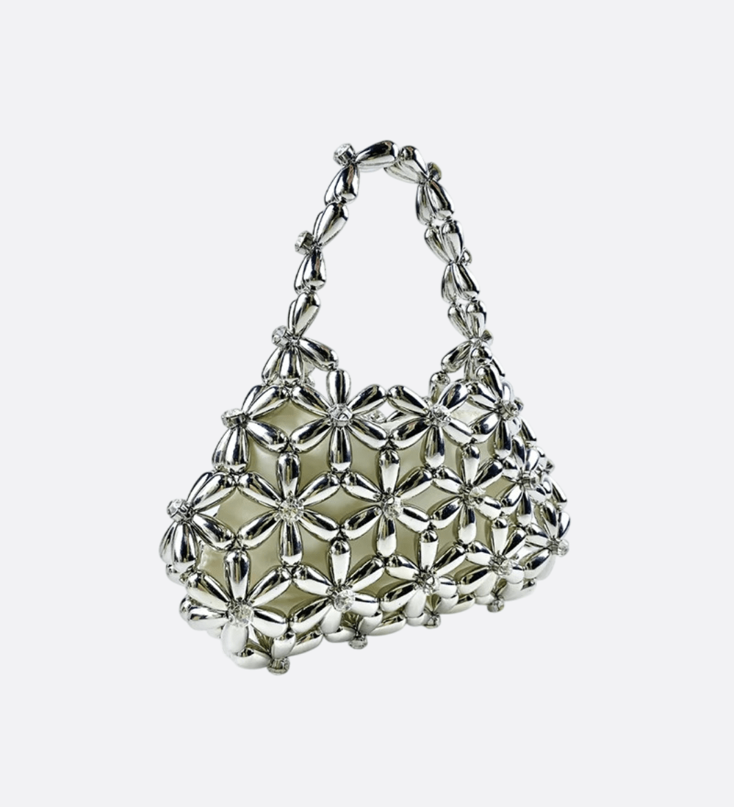 Floral Metal Frame Evening Bag – Sculptural Silver Mini Handbag - in Silver | Arvea Bags