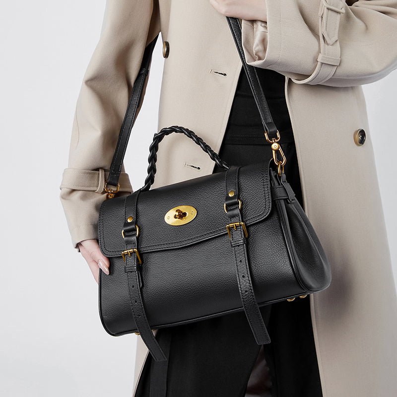 Florence | Black Braided Handle Satchel – Timeless & Elegant - in Black | Arvea Bags