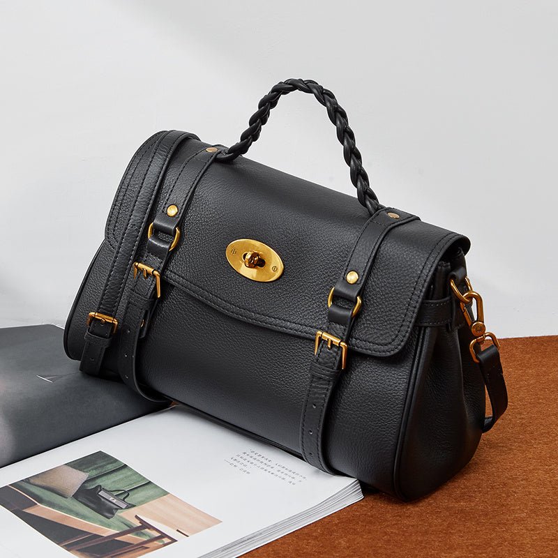 Florence | Black Braided Handle Satchel – Timeless & Elegant - in Black | Arvea Bags