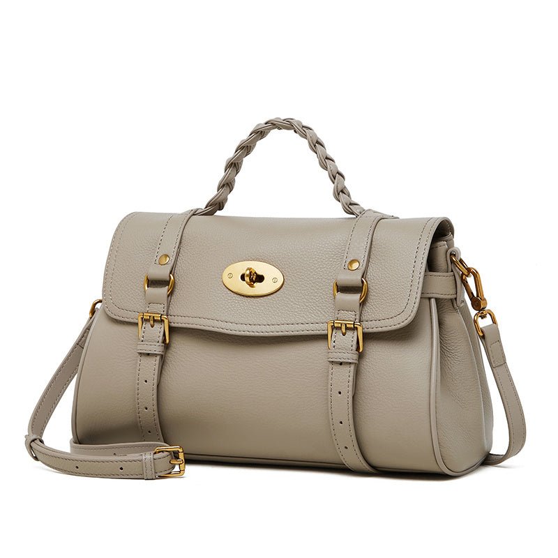 Florence | Black Braided Handle Satchel – Timeless & Elegant - in Khaki | Arvea Bags
