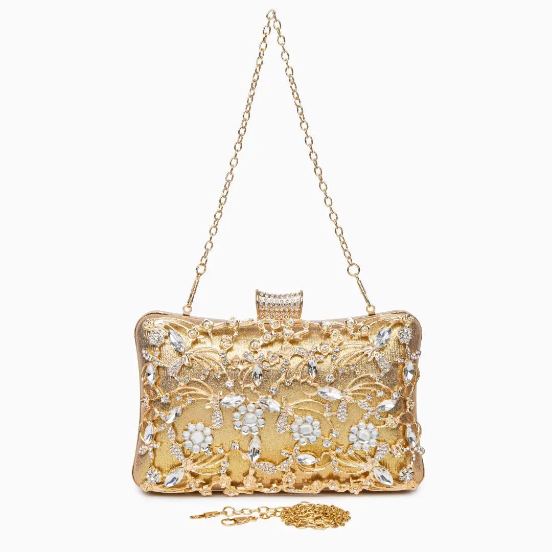 Florence | Gold Floral Crystal Embellished Evening Clutch – Opulent Elegance - in Gold | Arvea Bags