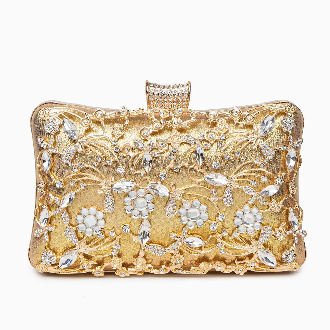 Florence | Gold Floral Crystal Embellished Evening Clutch – Opulent Elegance - in Gold | Arvea Bags