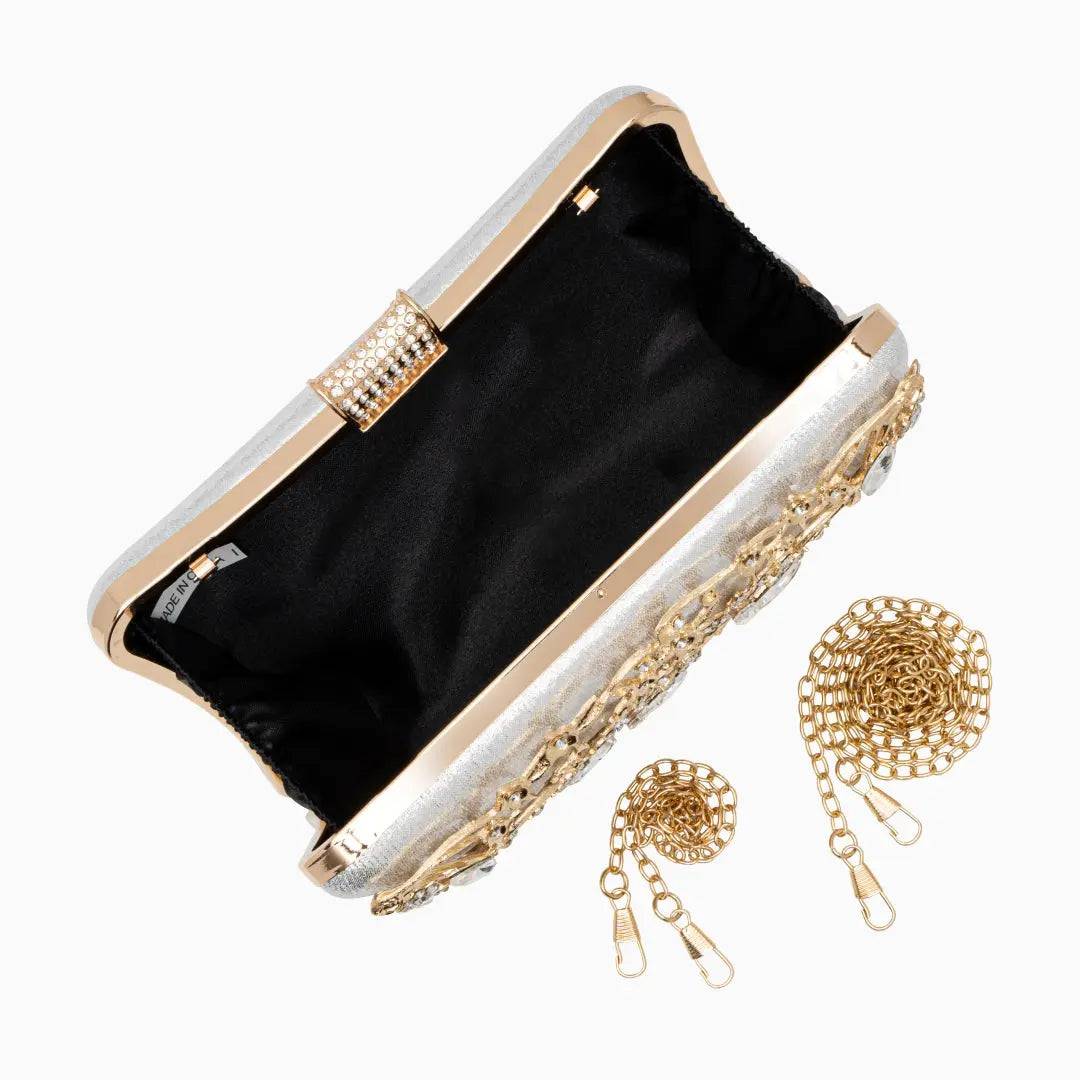 Florence | Gold Floral Crystal Embellished Evening Clutch – Opulent Elegance - in Silver | Arvea Bags