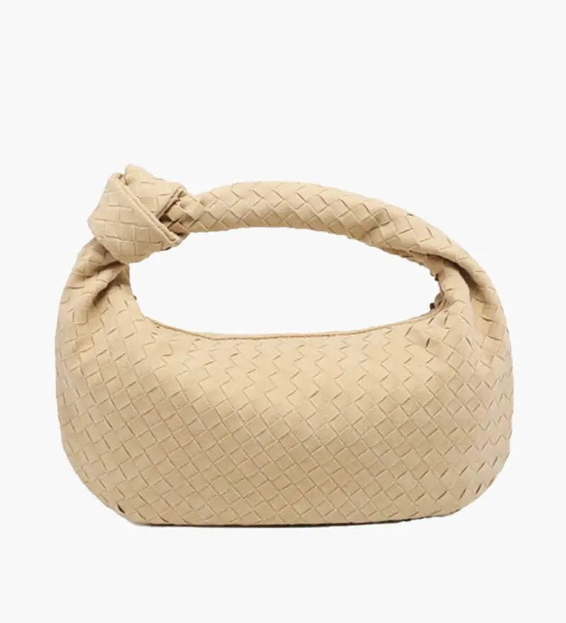 Florence Woven Suede Handbag – Designer - Inspired Bag with Knotted Handle - in Beige | Arvea Bags