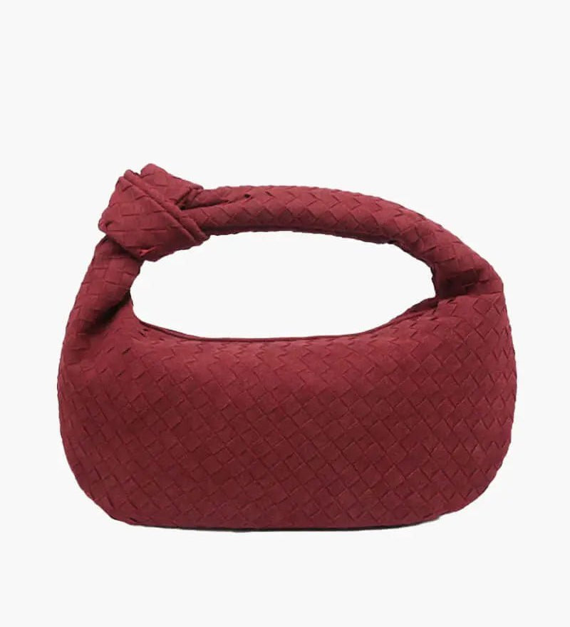 Florence Woven Suede Handbag – Designer - Inspired Bag with Knotted Handle - in Burgundy | Arvea Bags