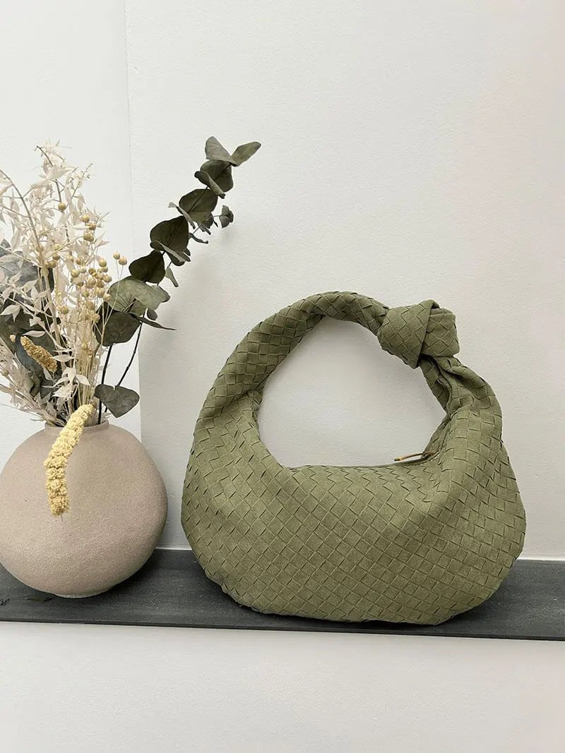 Florence Woven Suede Handbag – Designer - Inspired Bag with Knotted Handle - in Coffee | Arvea Bags