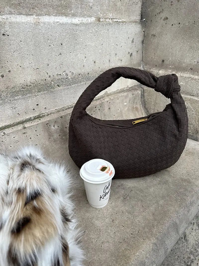 Florence Woven Suede Handbag – Designer - Inspired Bag with Knotted Handle - in Coffee | Arvea Bags