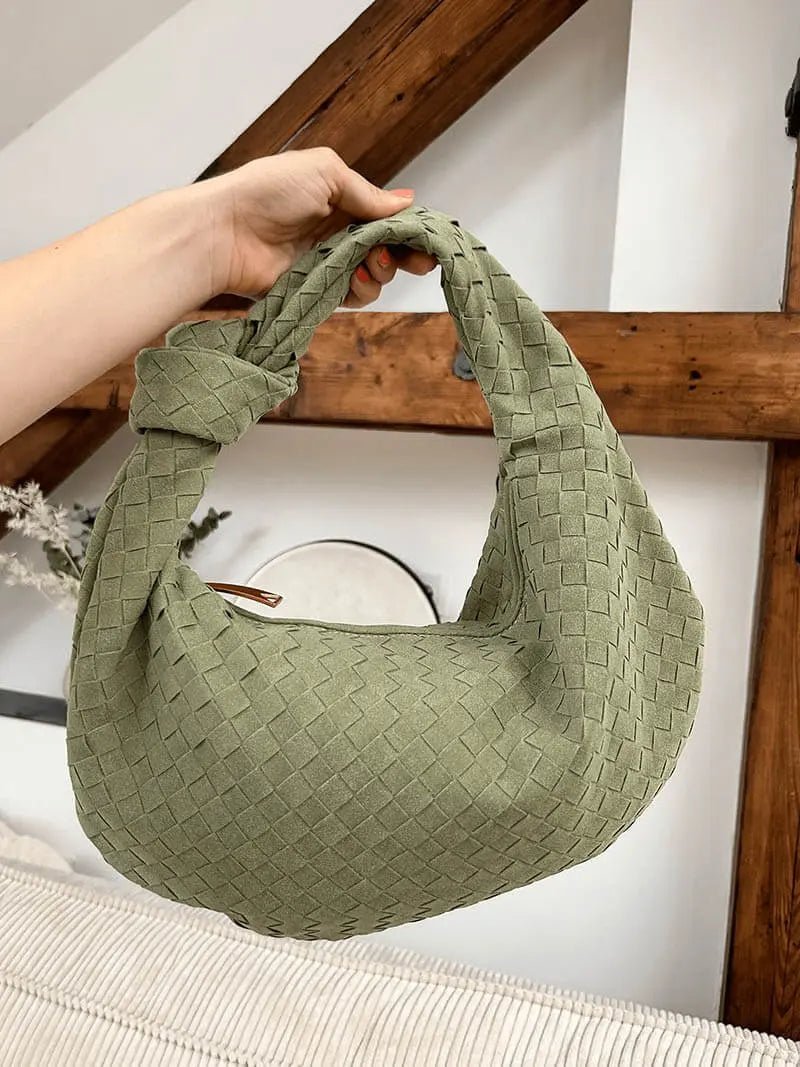 Florence Woven Suede Handbag – Designer - Inspired Bag with Knotted Handle - in Coffee | Arvea Bags