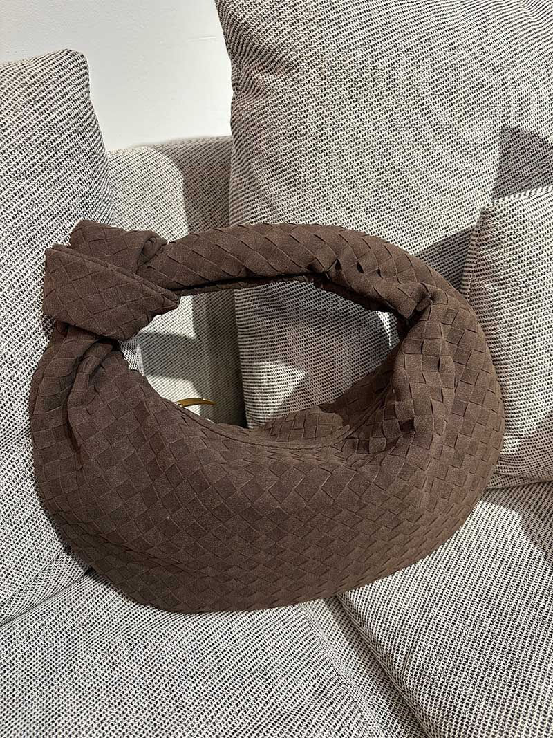 Florence Woven Suede Handbag – Designer - Inspired Bag with Knotted Handle - in Coffee | Arvea Bags