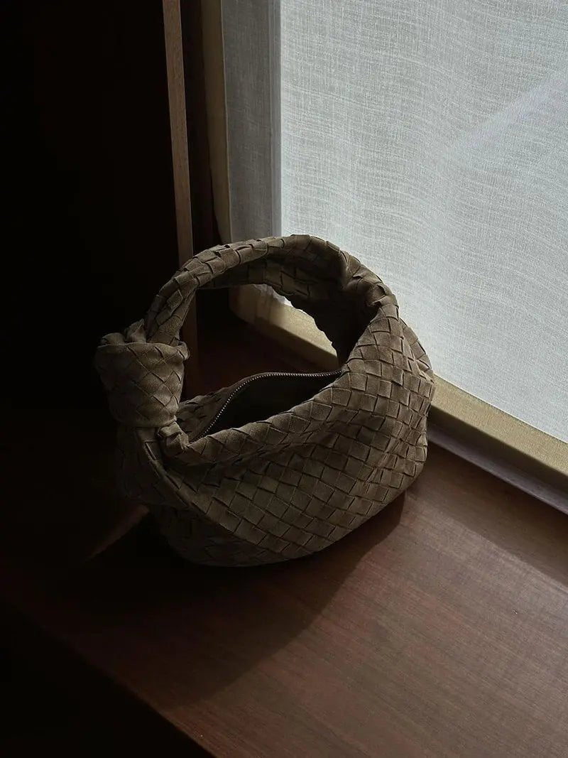 Florence Woven Suede Handbag – Designer - Inspired Bag with Knotted Handle - in Coffee | Arvea Bags