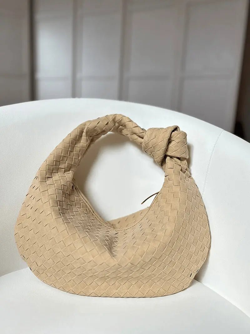 Florence Woven Suede Handbag – Designer - Inspired Bag with Knotted Handle - in Coffee | Arvea Bags