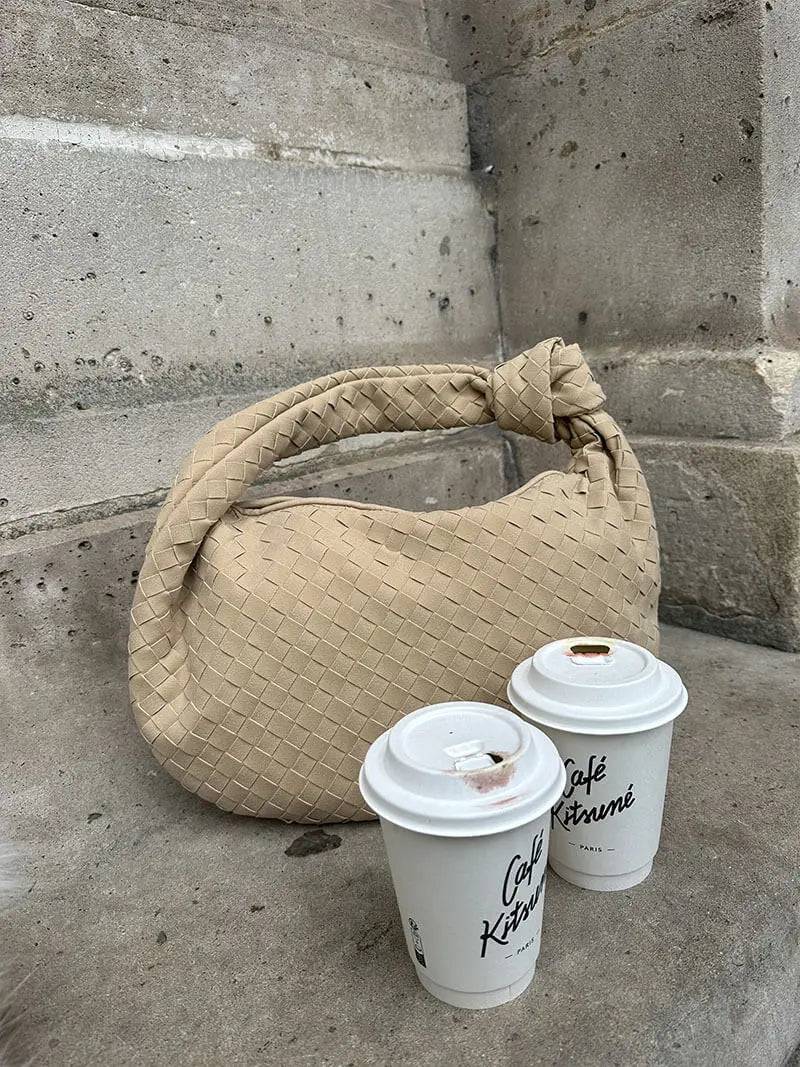 Florence Woven Suede Handbag – Designer - Inspired Bag with Knotted Handle - in Coffee | Arvea Bags