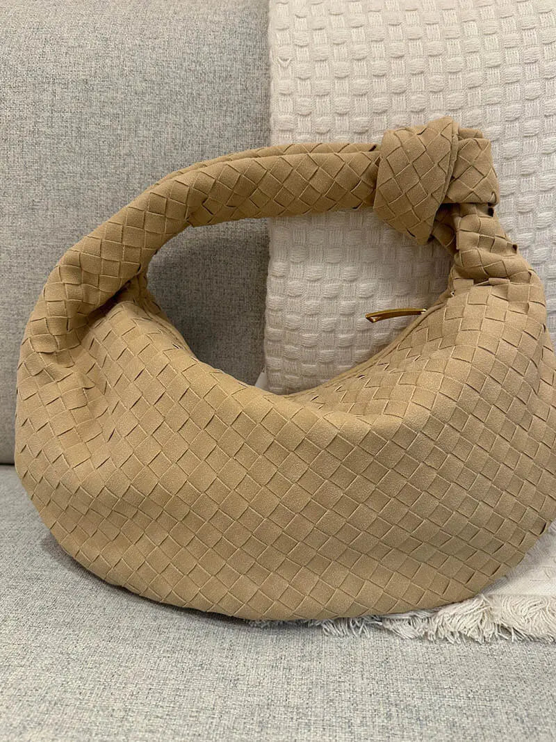 Florence Woven Suede Handbag – Designer - Inspired Bag with Knotted Handle - in Coffee | Arvea Bags