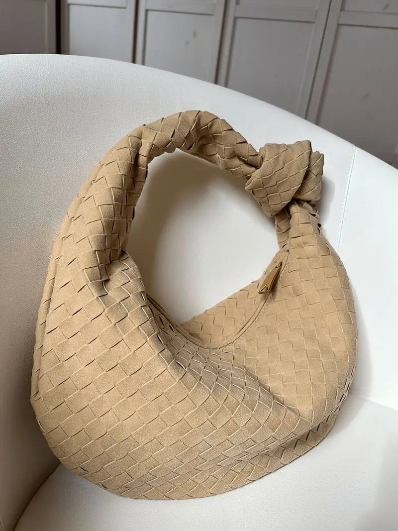 Florence Woven Suede Handbag – Designer - Inspired Bag with Knotted Handle - in Coffee | Arvea Bags