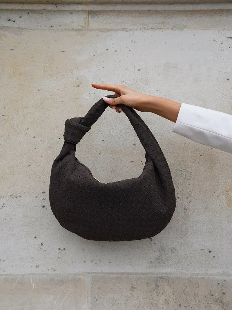 Florence Woven Suede Handbag – Designer - Inspired Bag with Knotted Handle - in Coffee | Arvea Bags