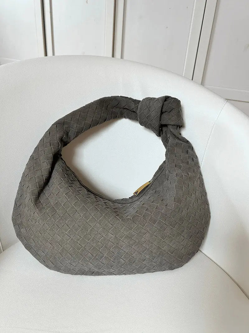 Florence Woven Suede Handbag – Designer - Inspired Bag with Knotted Handle - in Coffee | Arvea Bags