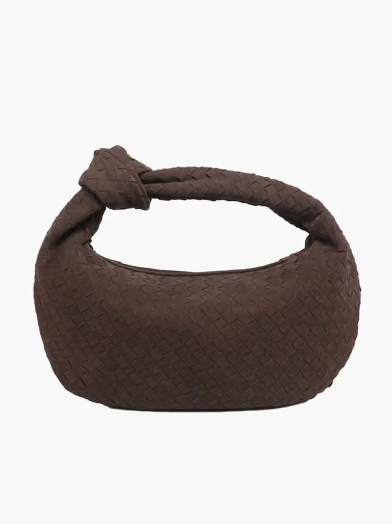 Florence Woven Suede Handbag – Designer - Inspired Bag with Knotted Handle - in Coffee | Arvea Bags