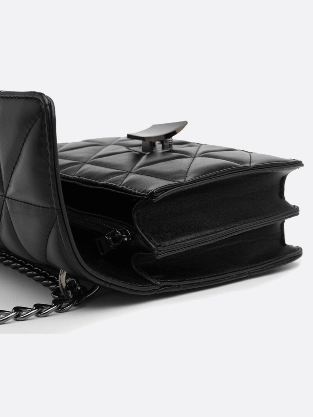 Geometric Clasp Quilted Crossbody Bag – Black Faux Leather Shoulder Bag - in Black | Arvea Bags