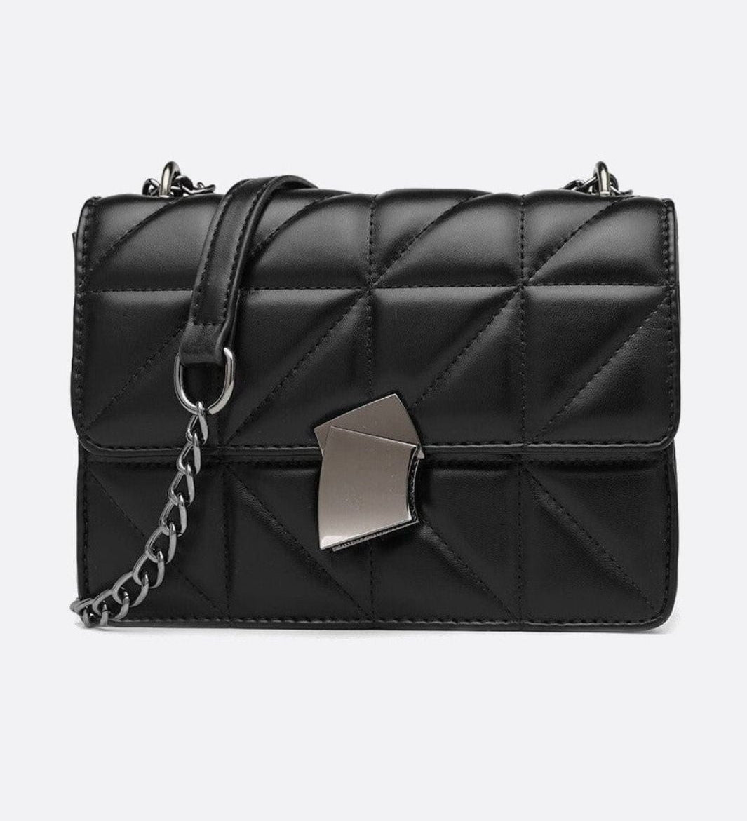 Geometric Clasp Quilted Crossbody Bag – Black Faux Leather Shoulder Bag - in Black | Arvea Bags