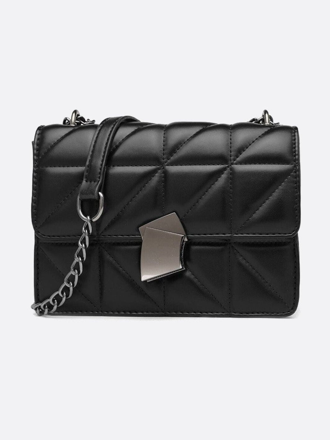 Geometric Clasp Quilted Crossbody Bag – Black Faux Leather Shoulder Bag - in Black | Arvea Bags