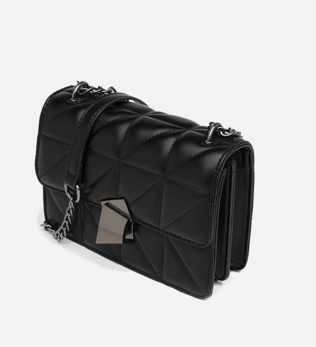 Geometric Clasp Quilted Crossbody Bag – Black Faux Leather Shoulder Bag - in Black | Arvea Bags