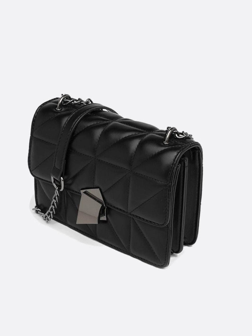 Geometric Clasp Quilted Crossbody Bag – Black Faux Leather Shoulder Bag - in Black | Arvea Bags