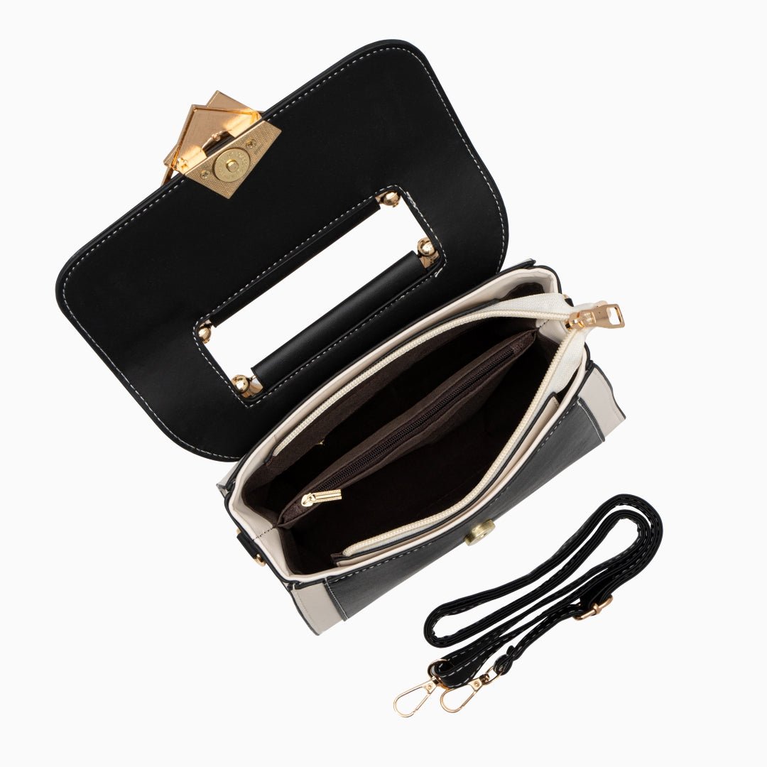 Geometric Structured Handbag in Genuine Leather with Gold Handle - in Light Beige | Arvea Bags