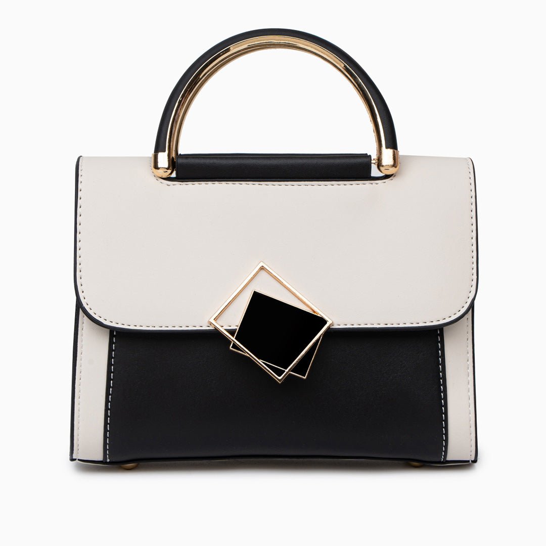 Geometric Structured Handbag in Genuine Leather with Gold Handle - in Light Beige | Arvea Bags