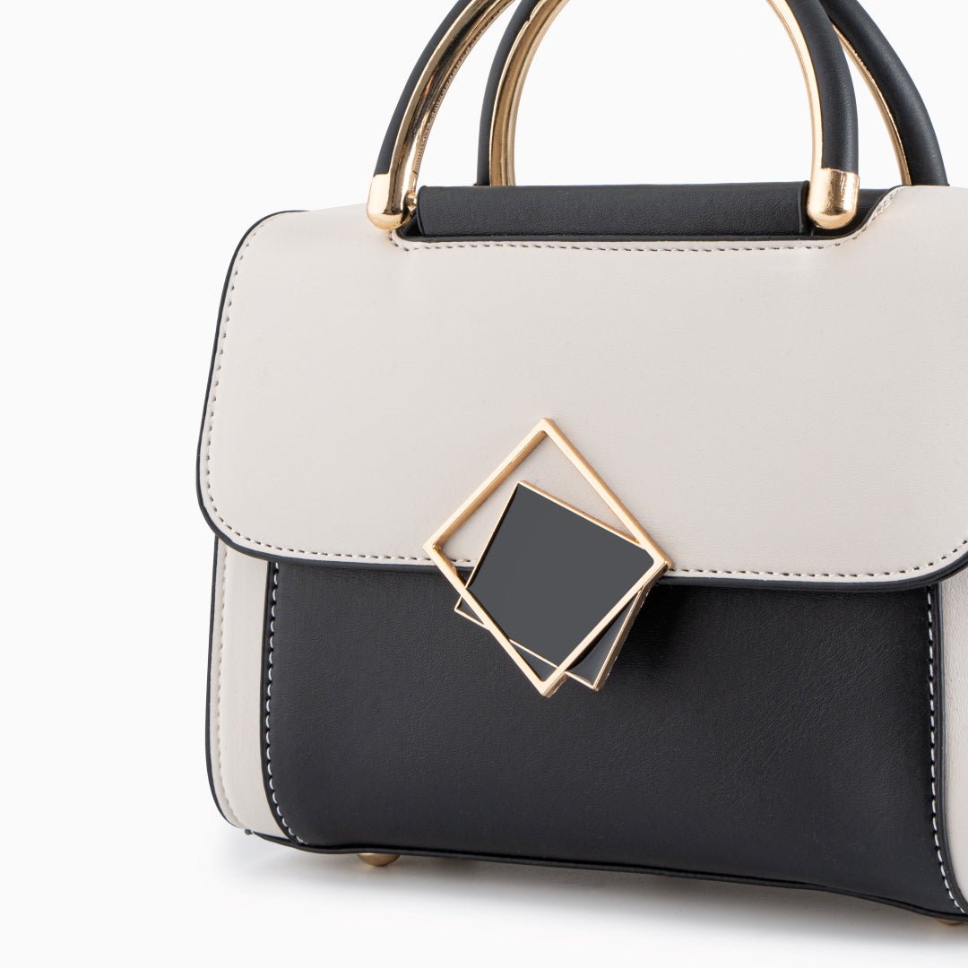 Geometric Structured Handbag in Genuine Leather with Gold Handle - in Light Beige | Arvea Bags