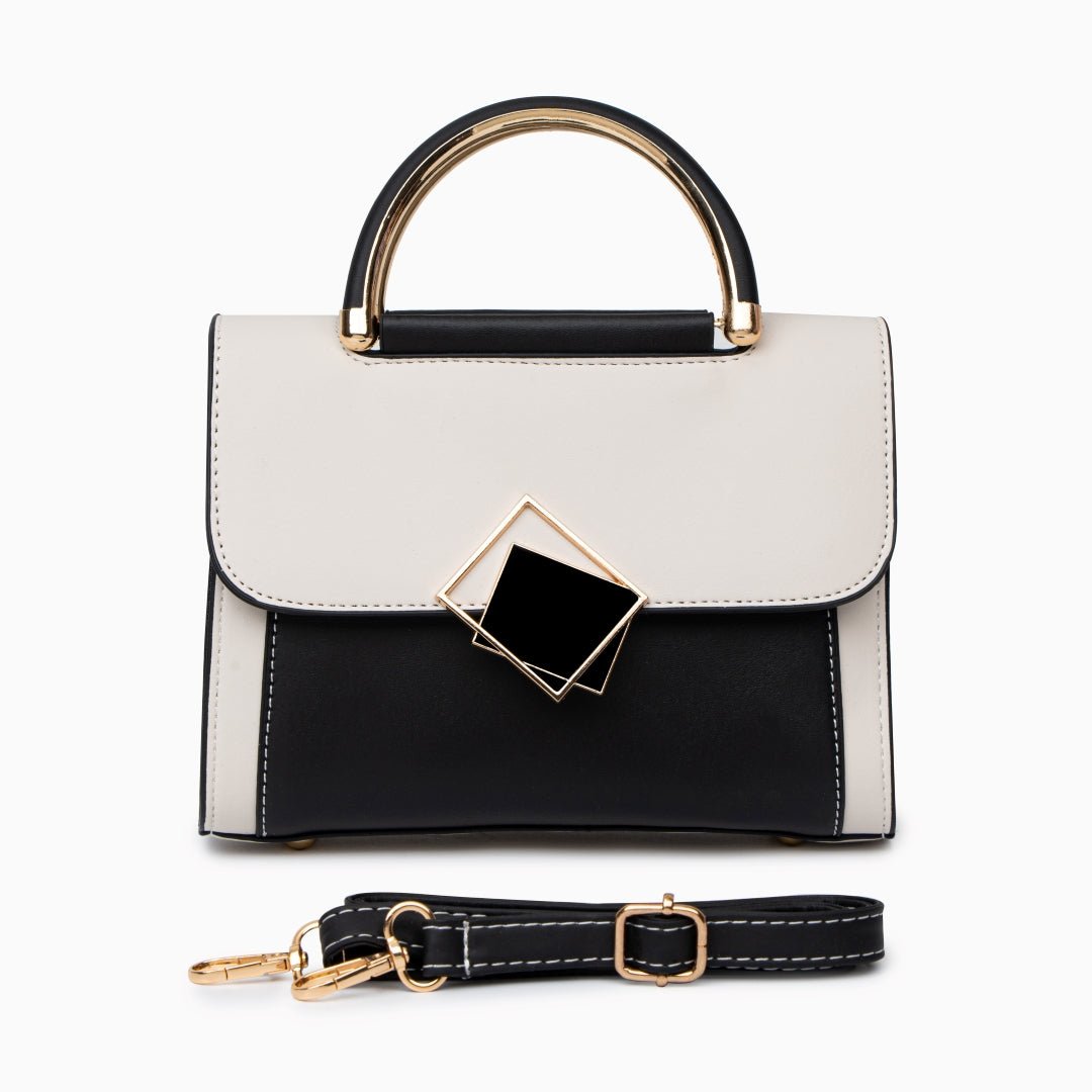 Geometric Structured Handbag in Genuine Leather with Gold Handle - in Light Beige | Arvea Bags