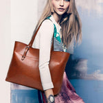 Glossy Brown Faux Leather Tote Bag - Sleek & Spacious - in Camel | Arvea Bags