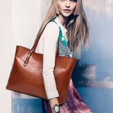 Glossy Brown Faux Leather Tote Bag - Sleek & Spacious - in Camel | Arvea Bags