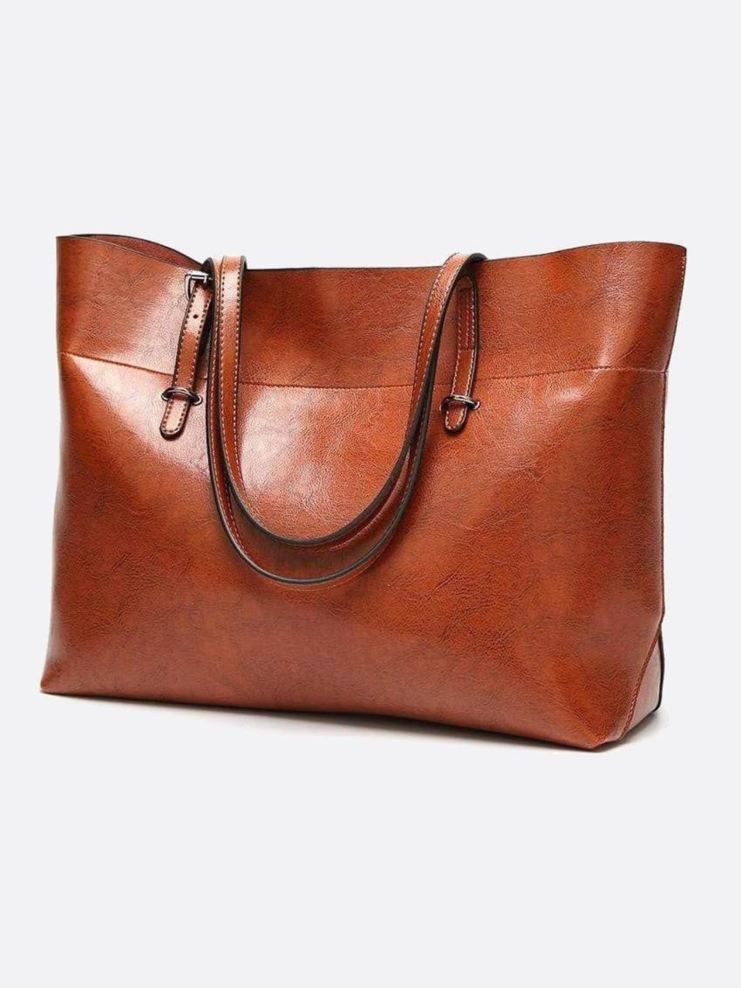 Glossy Brown Faux Leather Tote Bag - Sleek & Spacious - in Camel | Arvea Bags