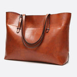 Glossy Brown Faux Leather Tote Bag - Sleek & Spacious - in Camel | Arvea Bags