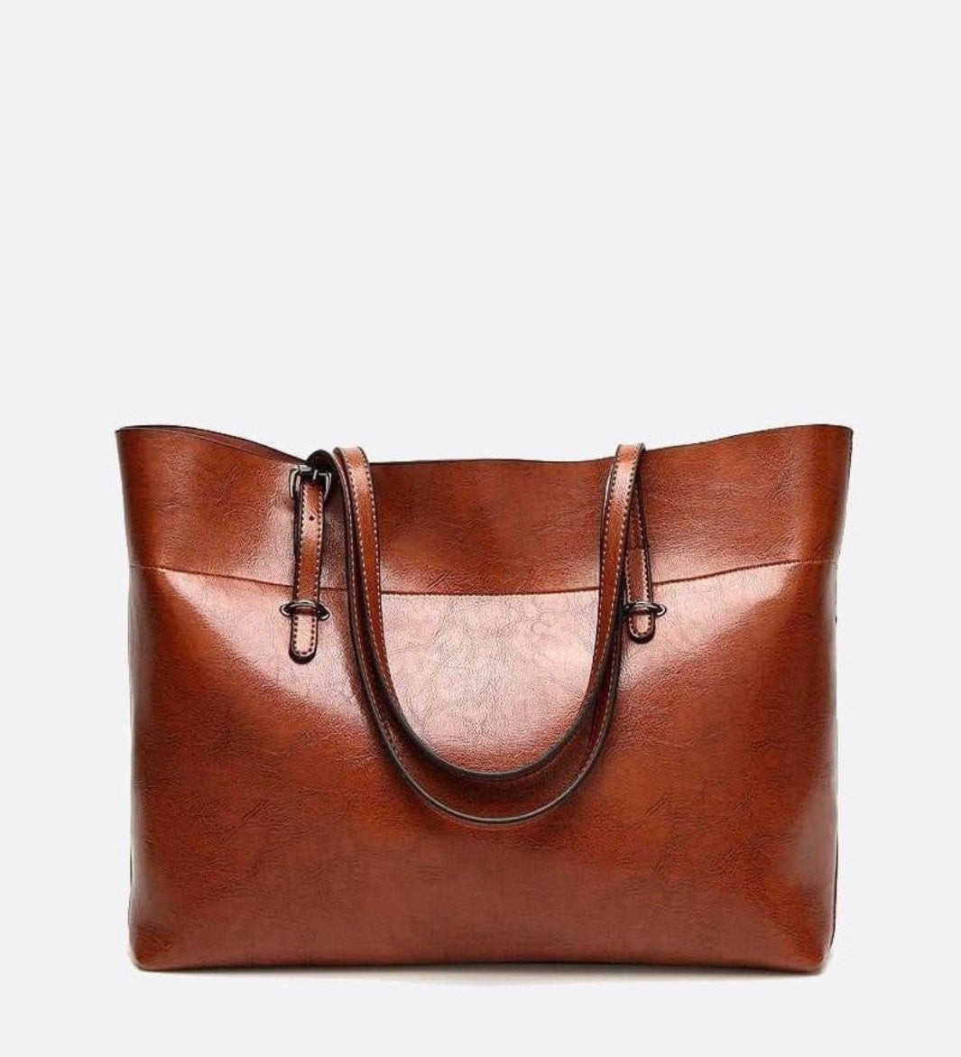 Glossy Brown Faux Leather Tote Bag - Sleek & Spacious - in Camel | Arvea Bags