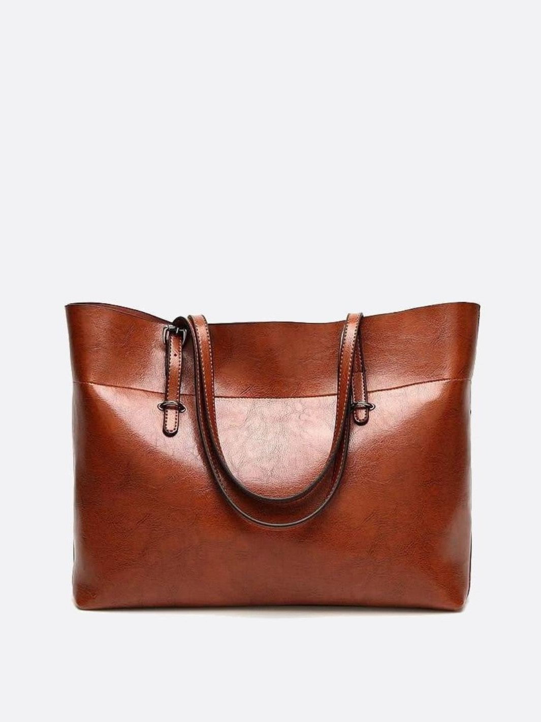 Glossy Brown Faux Leather Tote Bag - Sleek & Spacious - in Camel | Arvea Bags