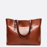 Glossy Brown Faux Leather Tote Bag - Sleek & Spacious - in Camel | Arvea Bags