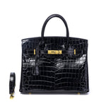 Glossy Croc - Texture Leather Satchel – Structured Designer - Inspired Handbag with Gold Accents - in Black | Arvea Bags