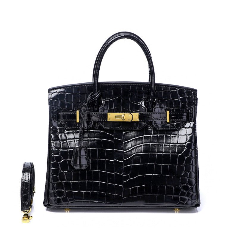 Glossy Croc - Texture Leather Satchel – Structured Designer - Inspired Handbag with Gold Accents - in Black | Arvea Bags