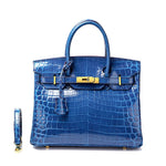 Glossy Croc - Texture Leather Satchel – Structured Designer - Inspired Handbag with Gold Accents - in Blue | Arvea Bags