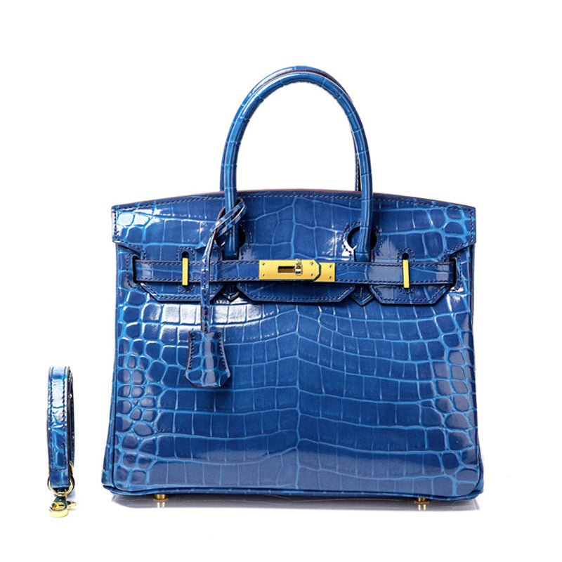 Glossy Croc - Texture Leather Satchel – Structured Designer - Inspired Handbag with Gold Accents - in Blue | Arvea Bags